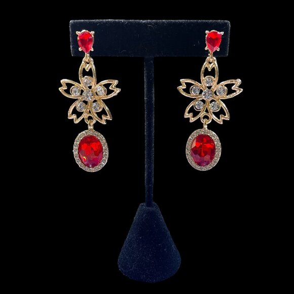 Elegant Gold-Tone Drop Earrings Red Crystals Floral Dangle Wedding Party Glam - Picture 4 of 5